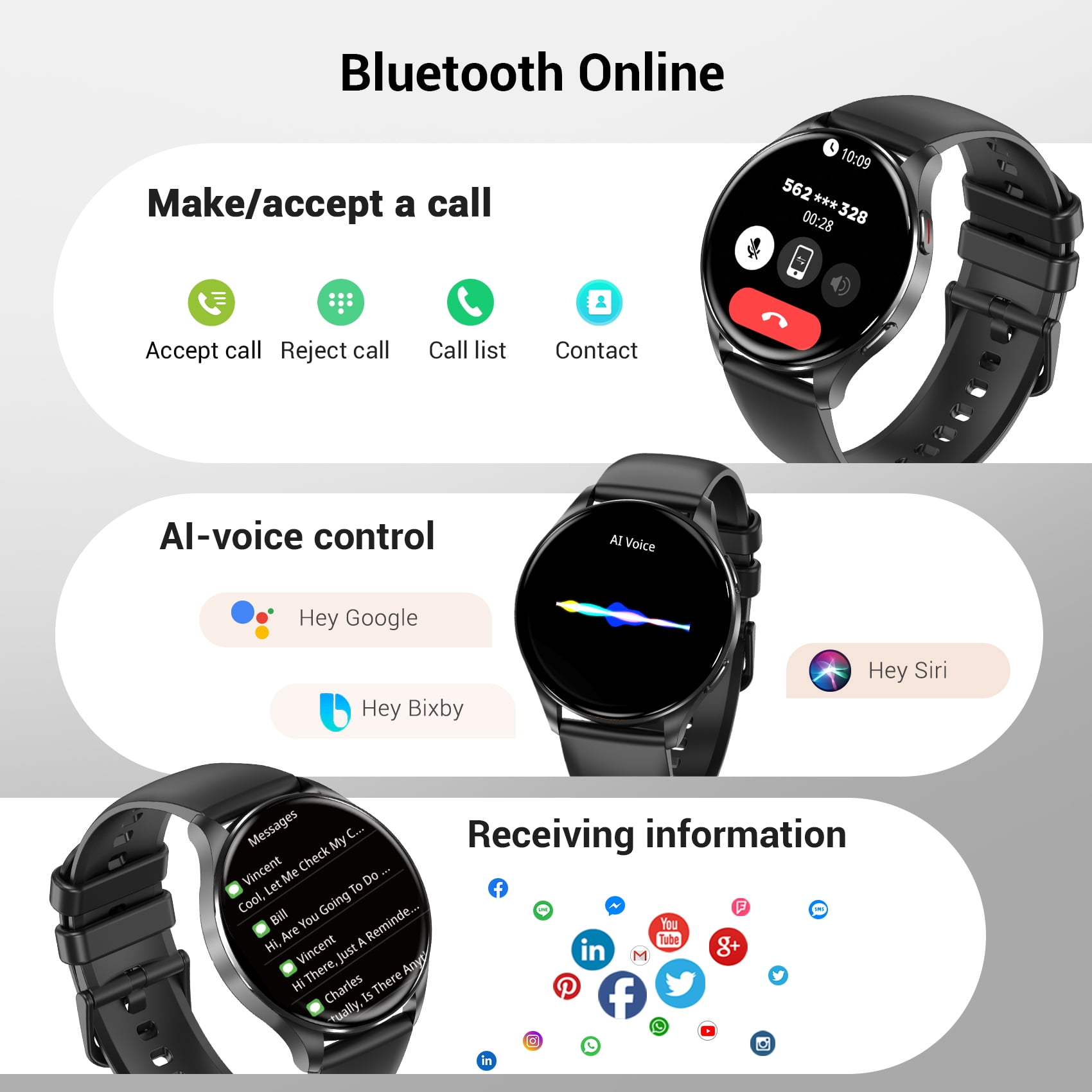 Blackview Smart Watch for Men, 1.43" AMOLED Fitness Tracker Watch with Bluetooth Call, 100+ Sports Modes, AI Voice Assistant, 2 Straps, Waterproof Smartwatch for Android iPhone,Black