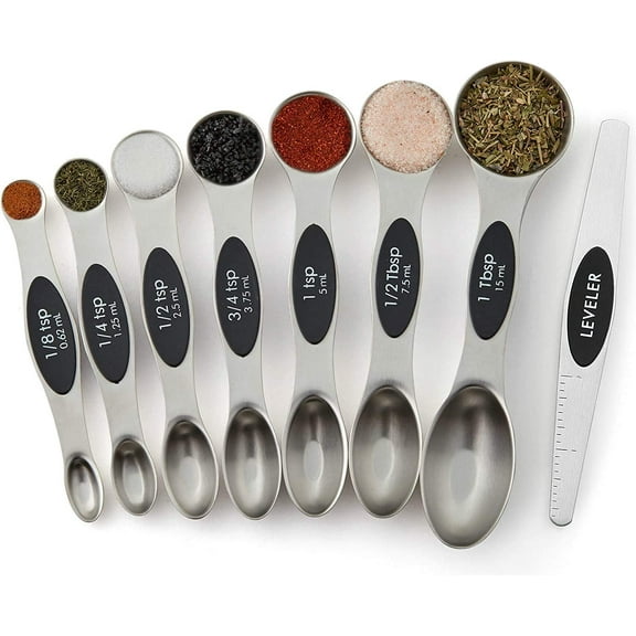 Magnetic Measuring Spoons Set, 8PC Stainless Steel Metal Double Sided Teaspoon, Stackable Tablespoon with Leveler, Fits for Dry and Liquid Ingredients
