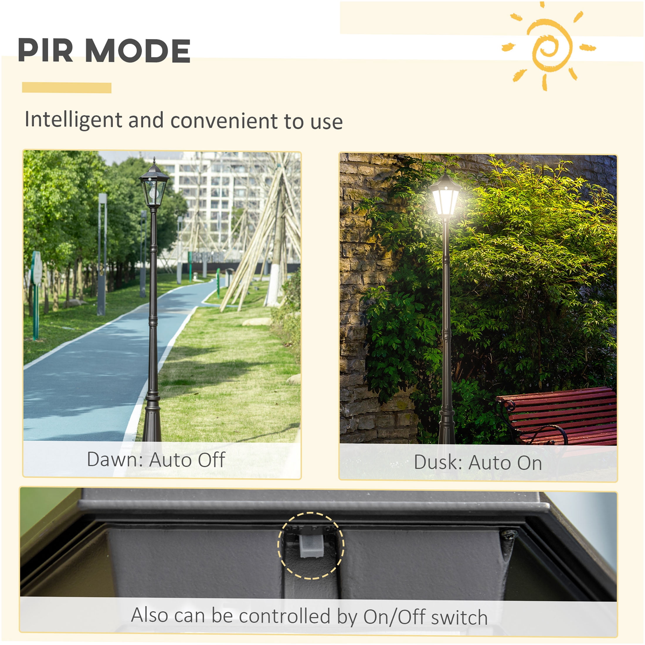 JERFIT Solar Powered Lamp Post Light with Motion Sensor, Dusk to Dawn Outdoor Street Light for Garden Lawn Pathway Driveway, Weatherproof Aluminum, Black