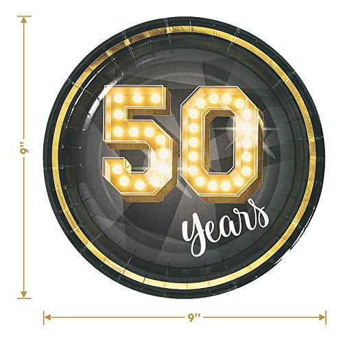 50th Birthday Party Milestone Black and Gold Showtime Paper Dinner Plates Serves 16 and Cups Napkins