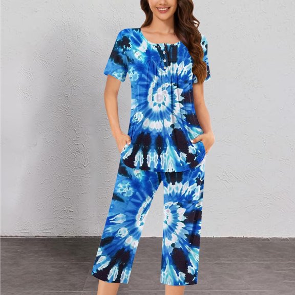 CLOISE Womens Sleep Sets 2 Piece Comfortable Short Sleeve Sleepwear Blouses and Soft Capri Pants with Pockets Sleep Sets Casual Button Plisse Printed Cute Pajamas