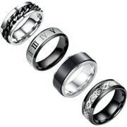TRAHOO Yfstyle 4 Pieces Regular Rings Men Stainless Steel Rings Men Wedding Rings Cool Rotating Rings Men Black Stainless Steel Rings Set Anxiety Ring Decompression Size 6-12