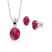 Gem Stone King 925 Sterling Silver Red Created Ruby and Black Diamond Pendant and Earrings Jewelry Set For Women (6.73 Cttw, Gemstone Birthstone, Oval 11X9MM and 8X6MM with 18 inch Silver Chain)