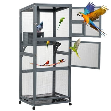 Coziwow 68"H Outdoor Bird Cage Large Wooden Bird Aviary on Wheels for Parakeet, Finches, Parrots, Small Birds with Removable Bottom Tray Easy to Clean, Gray