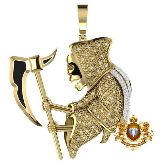 Big 2.85'' Genuine Diamond Santa Muerte Grim Reaper Angel of Death Pendent Charm Over 10K Gold