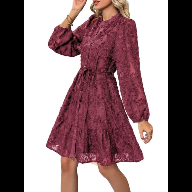 Vestidos de Otoño 2025 de Larga para Mujer, Minivestido Informal de Corte A con Botones y Cinturón, para Otoño e Invierno. Vino Tinto XL