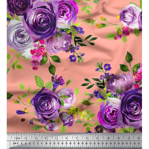 Soimoi Cotton Cambric Fabric Leaves & Rose Flower Print Fabric by the Yard 56 Inch Wide