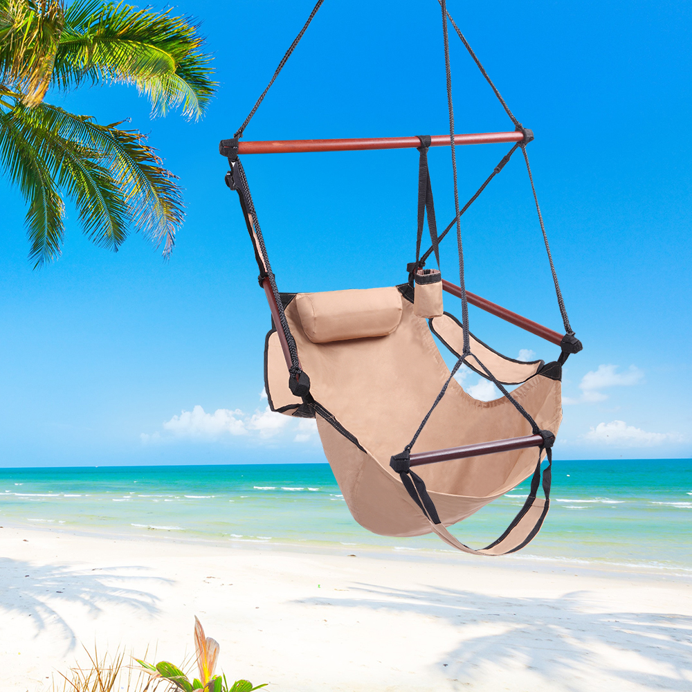Hammock Chair Hanging Rope Swing, Portable Hammock Chair for Kids, Unique Hammock Hanging Chair, Hanging Swing Outdoor Seat with Detachable Pillow, Cup Holder, Carrying Bag, Holds 250lb, Brown, Q9275 - image 2 of 12
