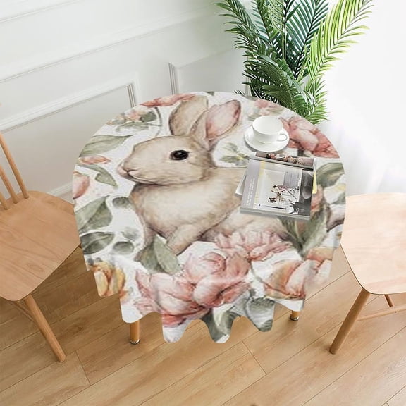 RKSupls 60 Inch Round Tablecloth, Rabbit Tulips Watercolor Premium Polyester Straight Edge Wrinkle Resistant Washable Table Cover for Party Home Dining Decor