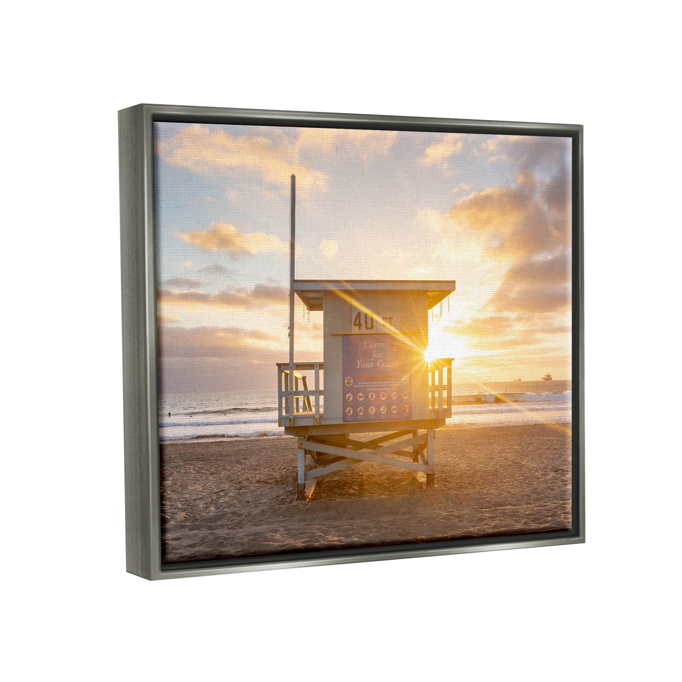 Beach Hut Sunset Flare Coastal Photograph Luster Gray Framed Art Print Wall Art