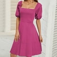 thumbnail image 5 of Mrat Puff Sleeve Dress for Women Short Solid Dress Short Sleeve Squares Neck A-Line Dress Can Wear off Shoulder S-58 Hot-Pink s, 5 of 8