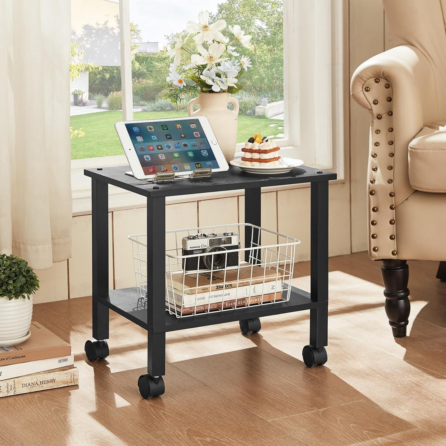 LEYAOYAO Printer Stand, 2 Tier Rolling Printer Cart with Wheels, Under Desk Printer Stand for Office, Home, Black