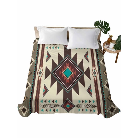 Twin Size Flat Sheet Only, Brown Southwest Soft Brushed Microfiber Bed Sheets, Ethnic Boho Tribal Vintage Geometric Hotel Quality Breathable Bedding Top Sheet, Easy Care, 66"x96"