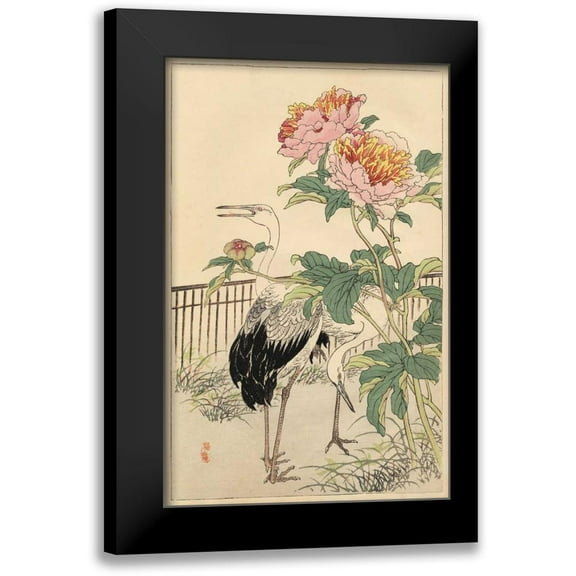 Bairei 10x14 Black Modern Framed Museum Art Print Titled - Crane and Peony
