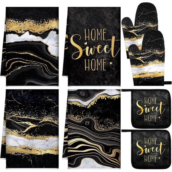 8 Pcs Black Marble Kitchen Decor Dish Towels and Oven Mitts Sets Pot Holders and Dishcloths Farmhouse Kitchen Accessories Decorative Set for Chef Baking Cooking Daughter Mom Gift