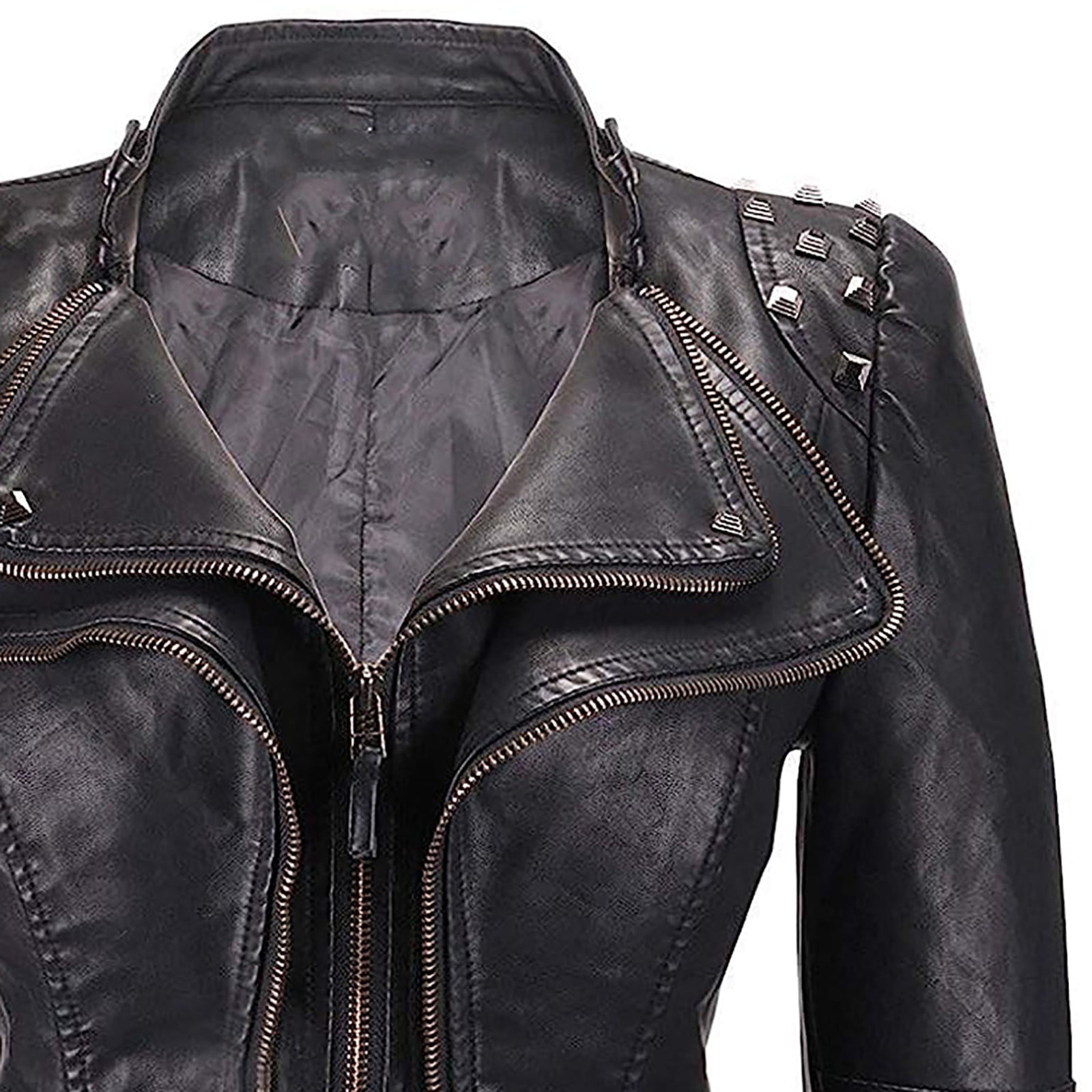 Feancey Womens Faux Leather Biker Jacket Slim Fit Fashion Studded Moto Coats Full Zip Lightweight Windbreaker Outerwear with Pockets Black S
