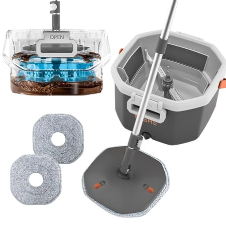 Spin Mop and Bucket Set with Removable Inner Clean Water Bucket, 360° Rotating Microfiber Mop for Hardwood, Tile & Laminate Floor Cleaning, Includes 2 Washable Mop Heads, White/Grey