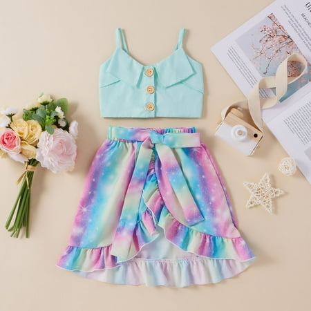

AURIGATE Baby Girl Clothes Skirt Toddler Baby Girls Suspender Tops+Rainbow Tie-Dyed Printed Ruffles Skirt Outfits