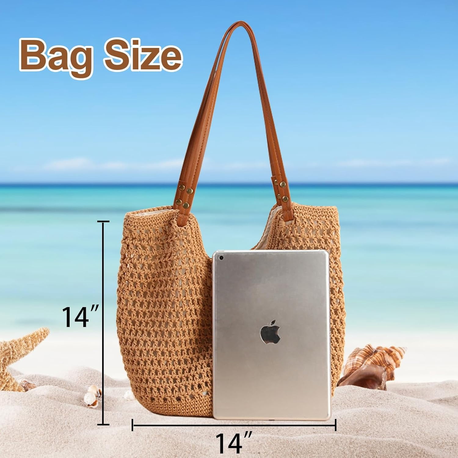 Crochet Beach Bag For Women Summer Tote Bag Boho Shoulder Bag With Leak-Proof Lining for Vacation Travel Woven Purse
