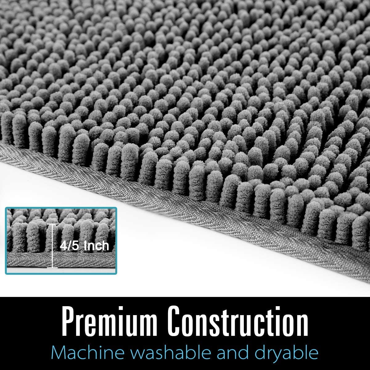 Arogan Luxury Bathroom Rug Shaggy Bath Mat 24 x 36 Inch, Washable Non Slip Bath Rugs for Bathroom Shower, Soft Plush Chenille Absorbent Carpets Mats, Gray