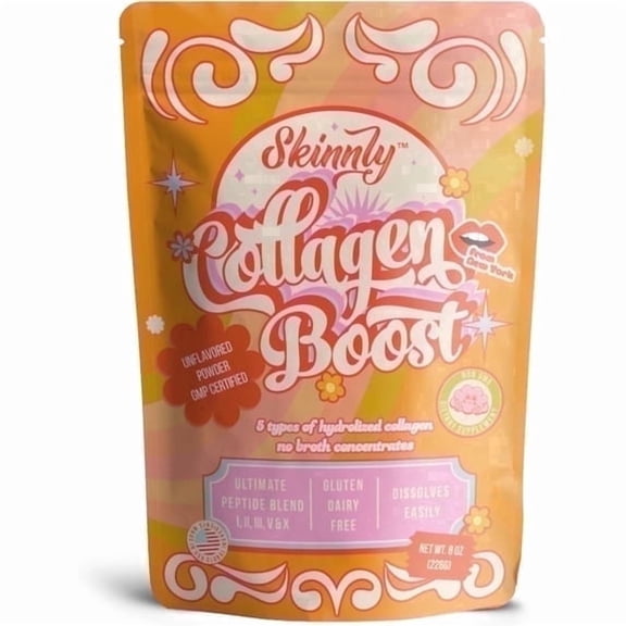 Skinnly Multi Collagen Peptides Powder, Hydrolyzed Collagen Protein, Types I II III V X, Unflavored, 8 oz