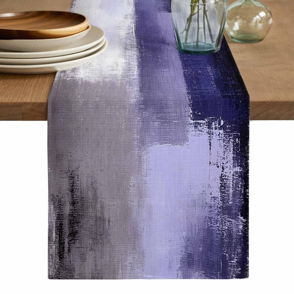Purple Gray Table Runner, Modern Oil Painted Art Abstract Geometric Washable Cotton Linen Table Runners 48 Inches Long, Dresser Scarf Runner for Nightstand/Coffee/End Tables 13''x48''