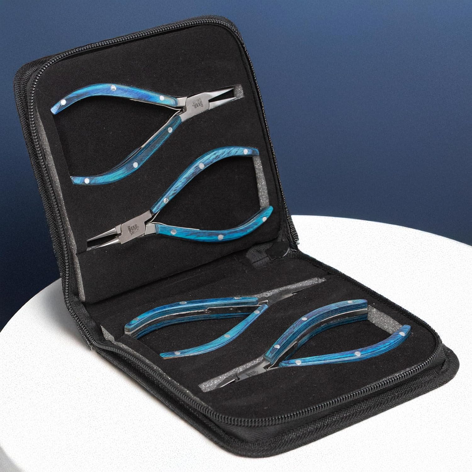 The Beadsmith Natural Elements Pliers Set - 4-Piece Kit: Chain Nose, Round Nose, Flat Nose, Side Cutter and Canvas Carrying Case – Blue Wooden Handles - Tools for Jewelry Making