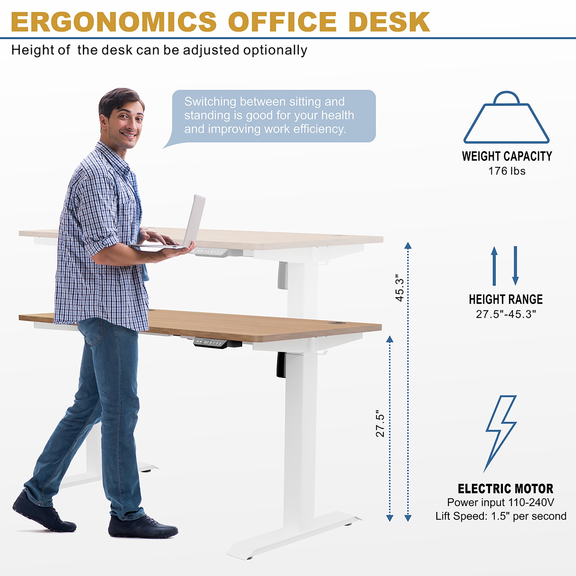 Sobaniilo 63" x 24" Home Office Electric Height Adjustable Standing Desk with Memory Control, White Frame + Maple Top