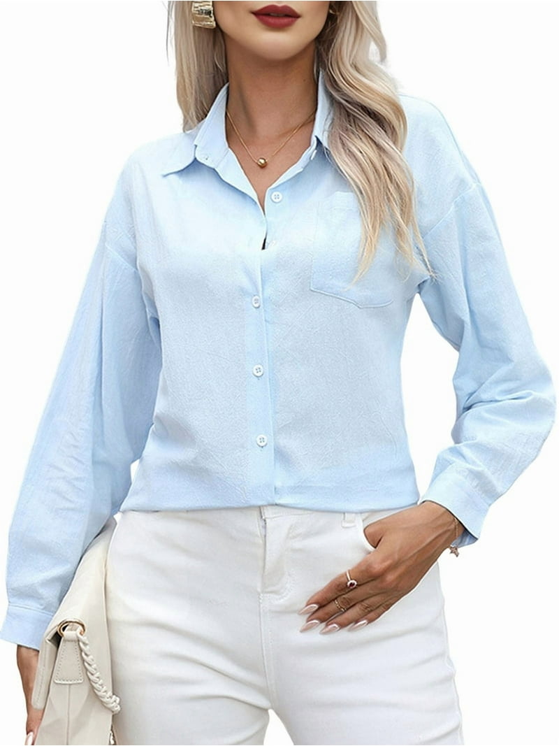 cotton dress shirts women Button Down Shirts for Women Cotton Dress Shirts Collared Long Sleeve  Wrinkle Free Blouse Tops Light Blue XXL