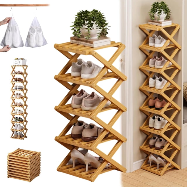 The 9-Tier No-Assembly Bamboo Rack, 2026 New Foldable Vertical Storage Organizer, Eco-Friendly, Durable, and Beautiful, No Installation Required, for Entryway Closet Dorm (Brown,5 Tier)