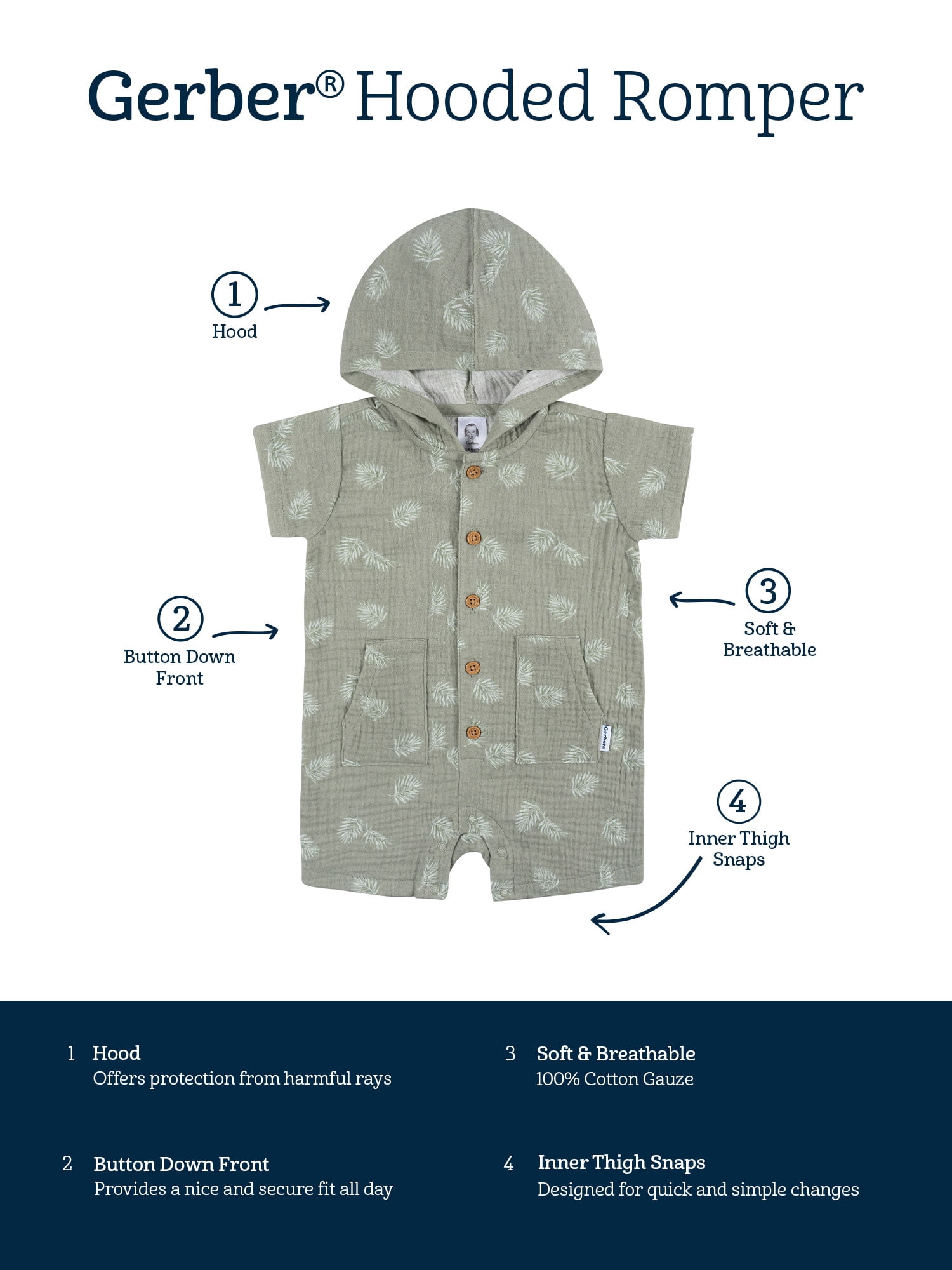 Gerber Baby Boy Short Sleeve Hooded Romper, Sizes Newborn - 24 Months