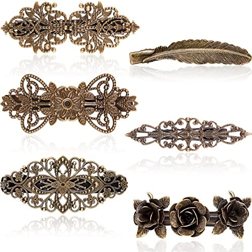 6 Pieces Vintage Hair Barrettes for Women Retro French Flower Hair Clips Metal Bronze Floral Feather Barrettes Pins for Women Styling Accessories