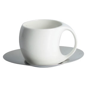 

New Oval ceramic contemporary cup and steel saucer with spoon* Stainless Steel *