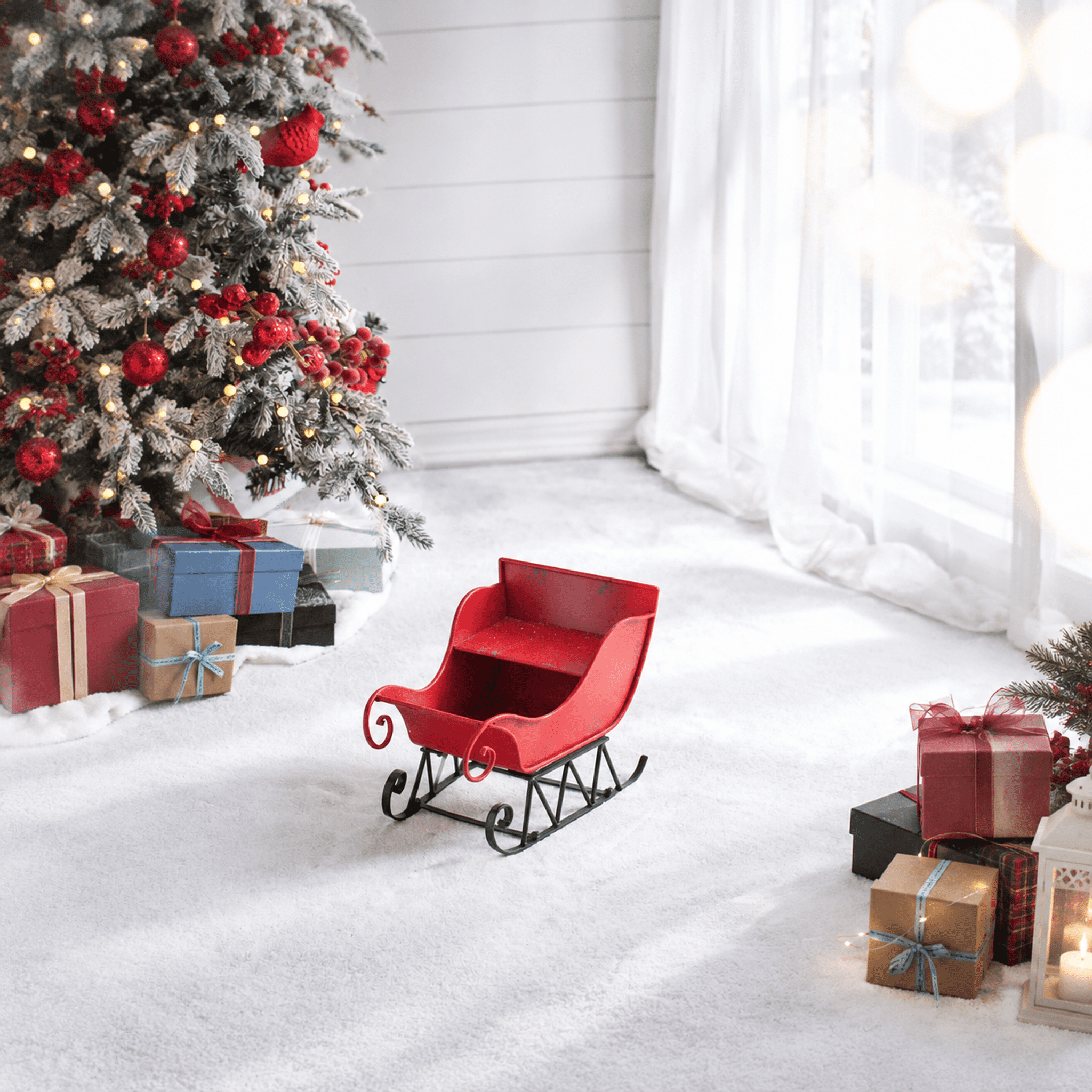Large Iron Santa Sleigh Holiday Decoration 14.5 Inch Red Metal Distressed Tabletop Mantel Decor