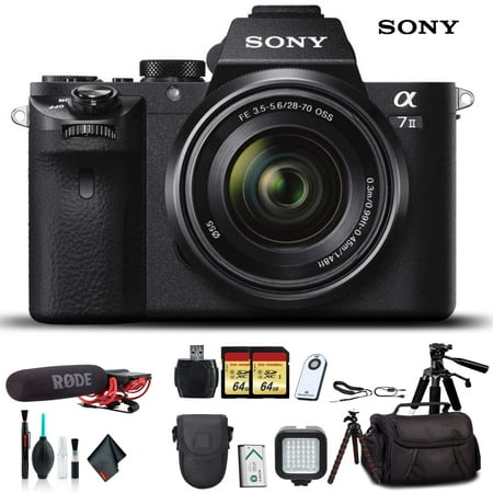 Sony Alpha a7 II Mirrorless Camera with FE 28-70mm f/3.5-5.6 OSS Lens With Soft Bag 2x Extra Batteries Rode Mic LED Light HD Monitor 2x 64GB Memory Card Sling Bag Plus Essential Accessories