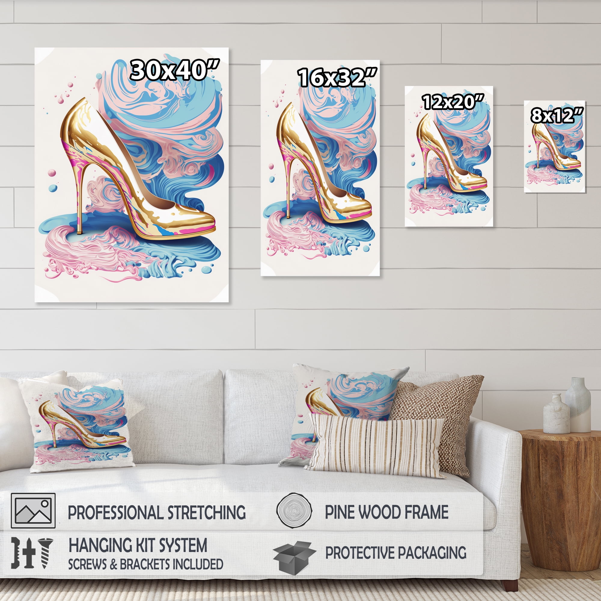 Designart Pink And Blue Art Deco High Heel Shoes V Canvas Wall Art