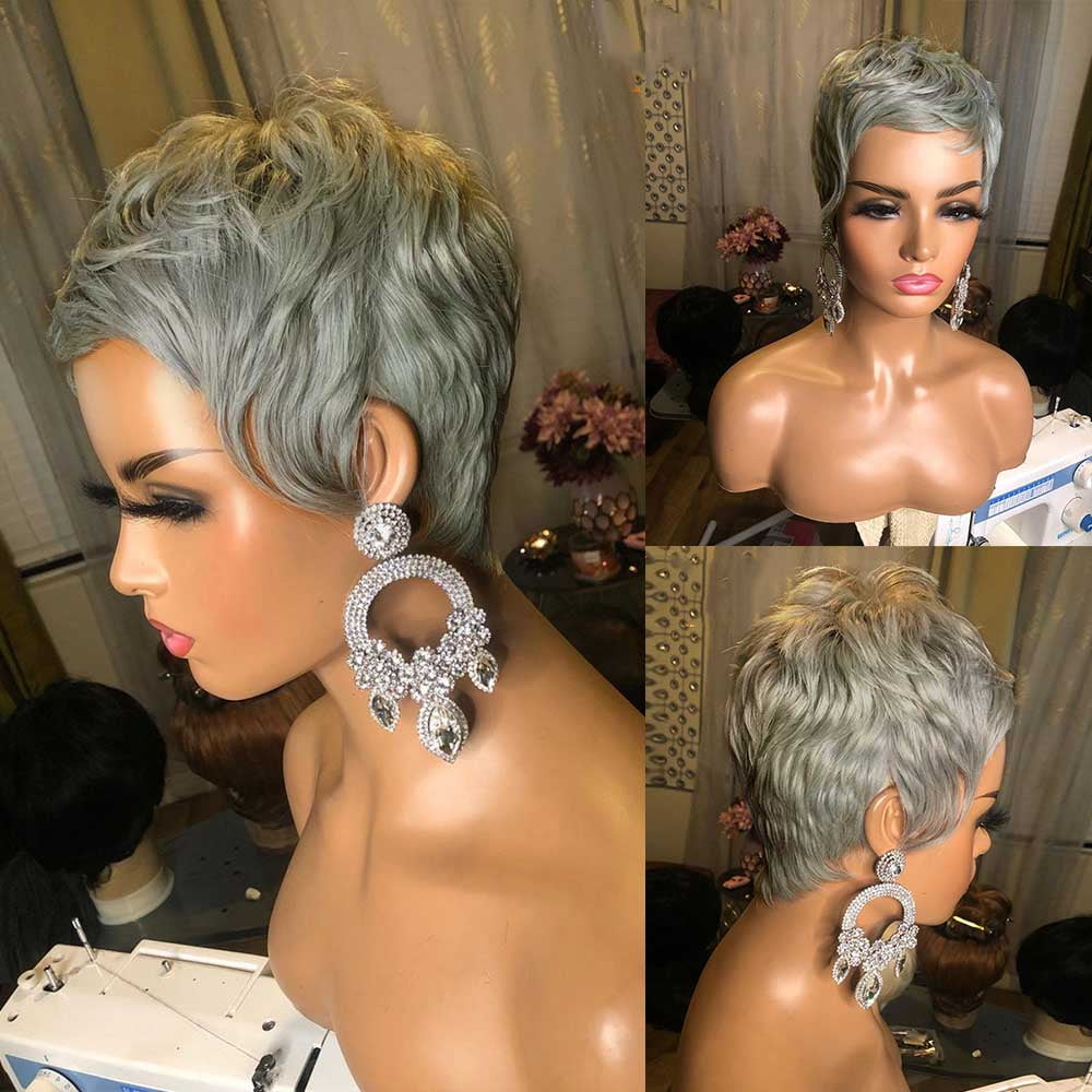 SUCS Grey Short Pixie Cut Bob - 100% Human Hair Wigs For Women and Girls, Wavy Wigs, Glueless