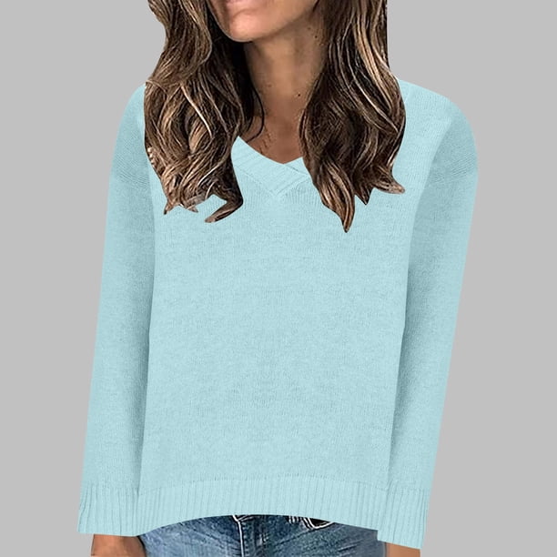 Suéter de cuello en V para mujer, jersey de manga larga de color liso con cuello en V, suéter informal de moda, top de poliéster para mujer