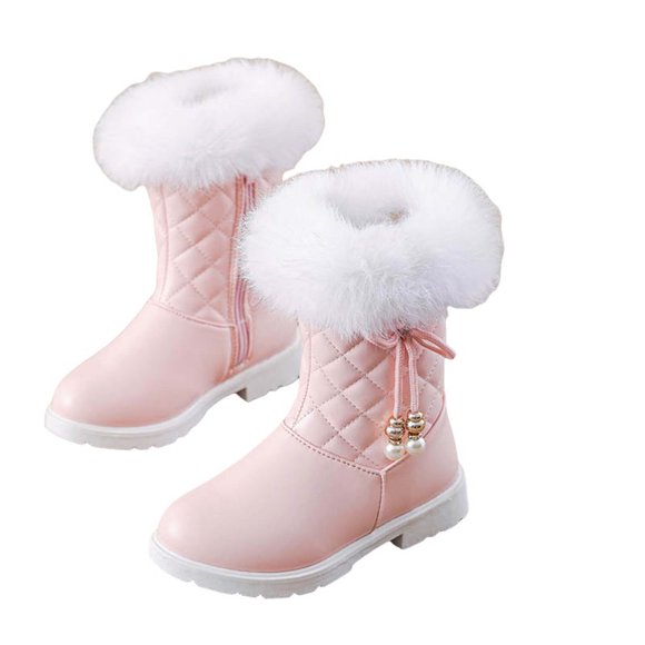 Pisexur Toddler Boots Fashion Little Girls Solid Color Fuzzy Snow Boots Mid Calf Outdoor Warm Children's Winter Boots Casual Cozy Slip-on Boots for Kid 3-10 Years on Clearance