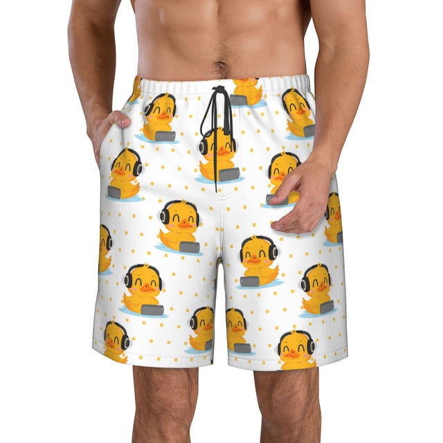Fotbe Cute Duck With Headphone Trajes de Baño Estampados para Hombre, Shorts de Verano de Secado Rápido, Ropa de Playa, Bañadores-Large