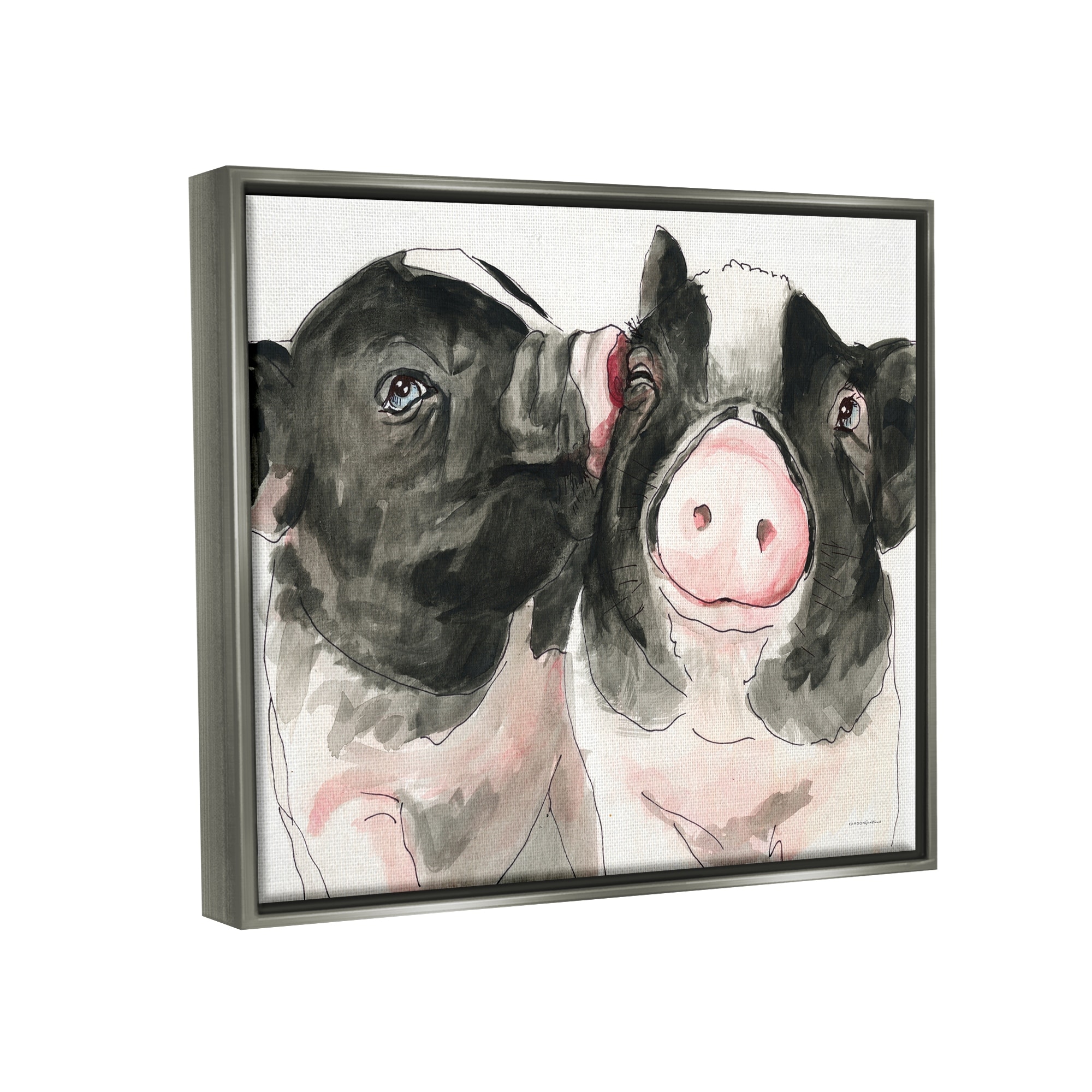 Stupell Industries Two Pigs Pink Snout Kiss Adorable Farm Animals Painting Luster Gray Floating Framed Canvas Print Wall Art, Design by Kamdon Kreations