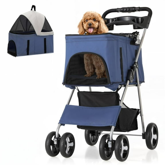 Dog Stroller, 3-in-1 Foldable Pet Stroller for Cats and Dogs with Detachable Carrier & Storage Basket & Cup Holder, Cat Stroller and Pet Stroller for Medium Dogs Up to 33 lbs, Navy Blue