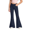 thumbnail image 5 of CUZIBR Girls Flared Pants High Waist Solid Color Classic Bell Bottom Stretch Casual Streetwear Trousers With Front Pockets For Kids Back To School Fashion Bottoms,Navy,13-14 Years, 5 of 6