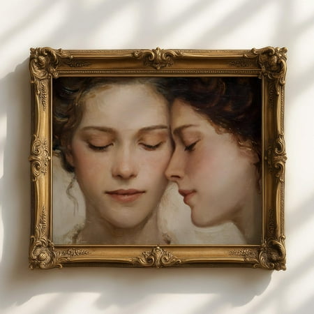 Soft Romantic Women Lovers Art Print, Vintage Feminine Portrait, Sapphic Wall Art, Intimate Gentle Love, Cottagecore Decor Home Decor #849, Unframed Poster Size 8x12