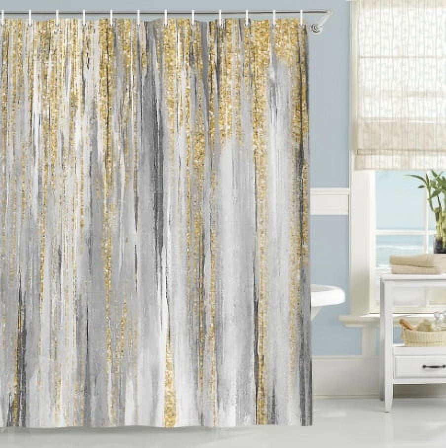 Abstract Shower Curtain, Modern Aesthetic Stripe Shower Curtain Sets With 12 Hooks For Bathtub Bathroom Gray Yellow Contemporary Abstract Painting Fabric