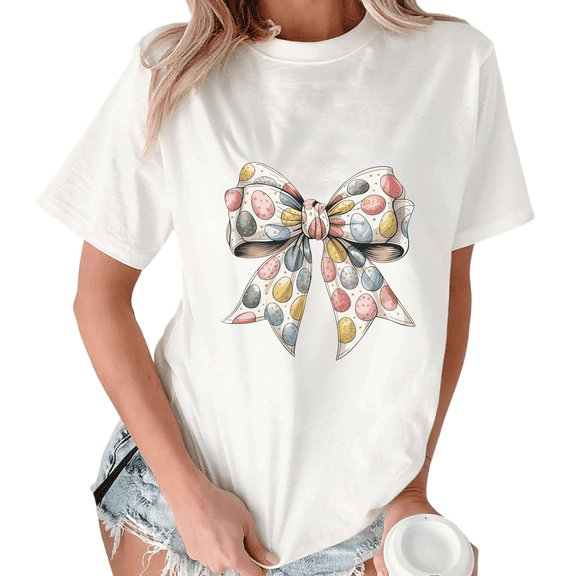 White Playful Easter Egg Print Bow Print T-Shirt Graphic Tees Shirts Easter Lover Kawaii S-5XL Tops