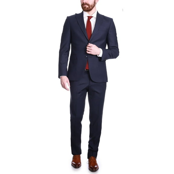 Raphael Mens Solid Navy Blue Slim Fit 2 Piece Suit With Peak Lapels