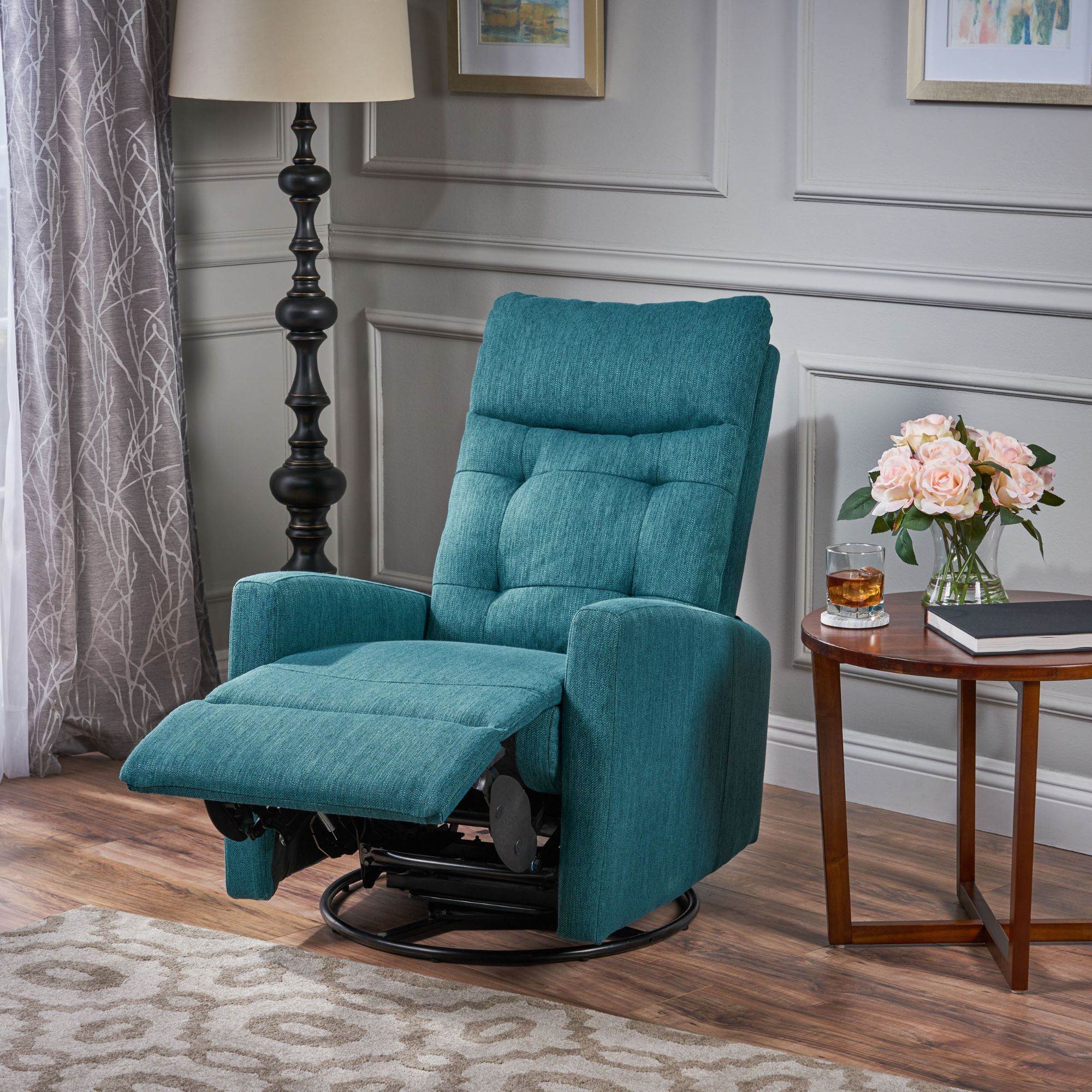 Noble House Warren Standard Fabric Glider Swivel Push Back Nursery Recliner, Blue