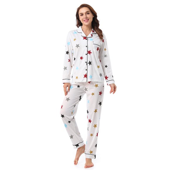 MintLimit Ensemble de Pyjama pour Femmes Motif Étoile Haut à Manches Longues et Pantalon Pjs Vêtements de Nuit Doux Ensemble de Détente Col en V Multi-Couleur m