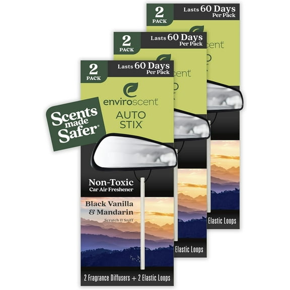 Non-Toxic Car Air Freshener (Black Vanilla & Mandarin) Natural Car Air Freshener | Essential Oil Diffuser | Car Scent Lasting Over 180 Days | 3 Packs of 2 Hanging Auto Stix